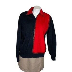 RSB Red Black Sweater Pullover Top 1/3 Zip Beaded 100% Cotton Size XL VINTAGE